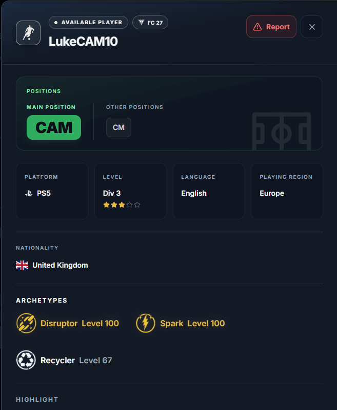 Modal details top section showing positions, platform, level, language and region